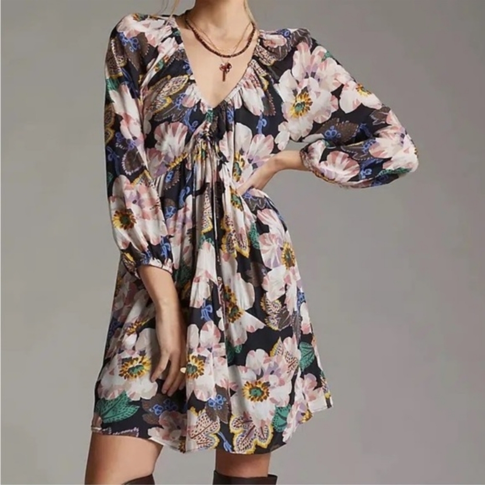 Anthropologie Floral V Neck Mini Dress
